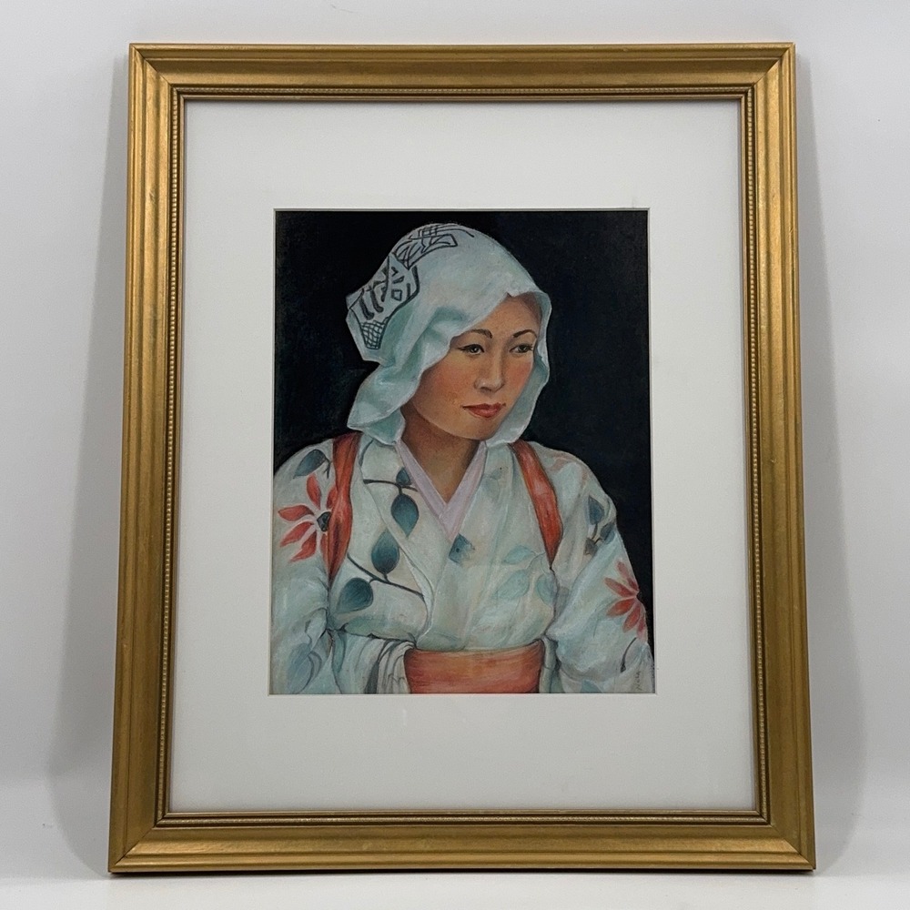 Vintage Original Pastel Portrait Painting of Japanese Woman in Kimono